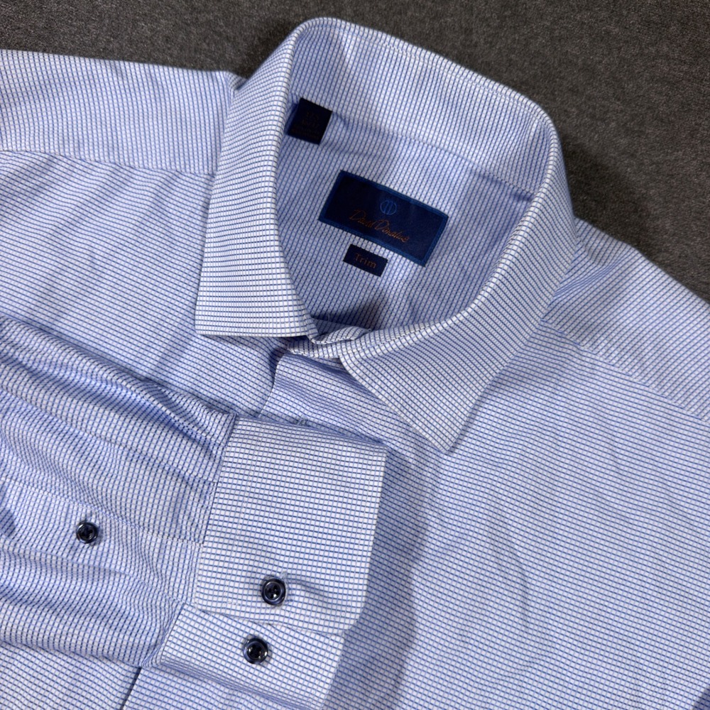David Donahue Dress Shirt Mens 17.5 36/37 Blue White Micro Check Trim Fit Cotton